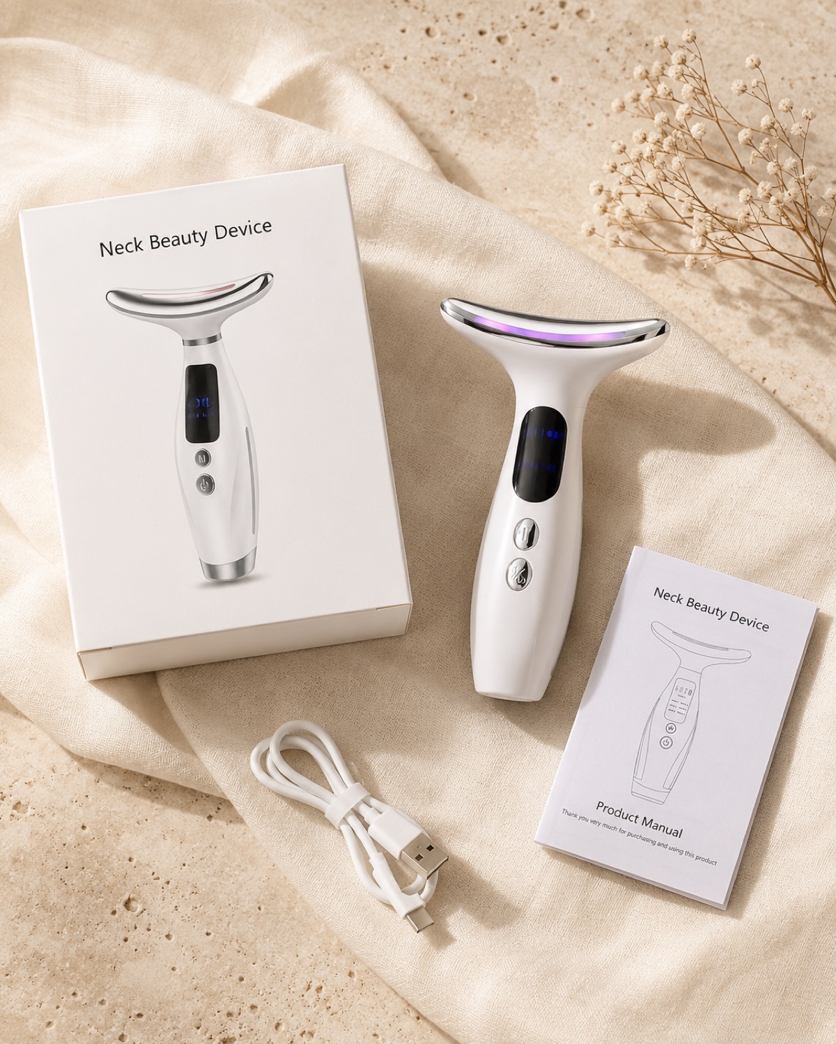 Комплект на лляній тканині: масажер Neck Beauty Device, фірмова коробка, інструкція та USB-кабель